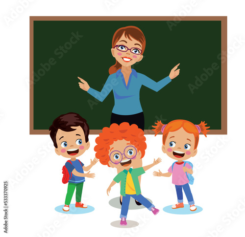 cute teacher and students teaching in front of classroom lesson board