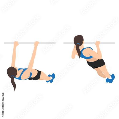 Woman doing inverted rows exercise. Flat vector illustration isolated on white background
