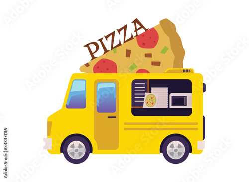 Pizza food truck or van for street food, flat vector illustration isolated.