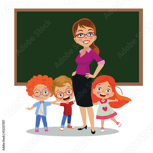 cute teacher and students teaching in front of classroom lesson board