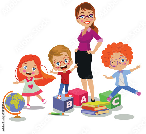 cute teacher and students teaching in front of classroom lesson board