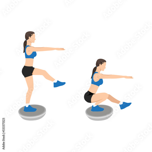 Woman doing Single leg squat. Pistol squats exercise. Flat vector illustration isolated on white background