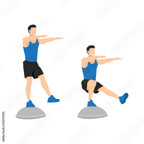 Man doing Single leg squat. Pistol squats exercise. Flat vector illustration isolated on white background