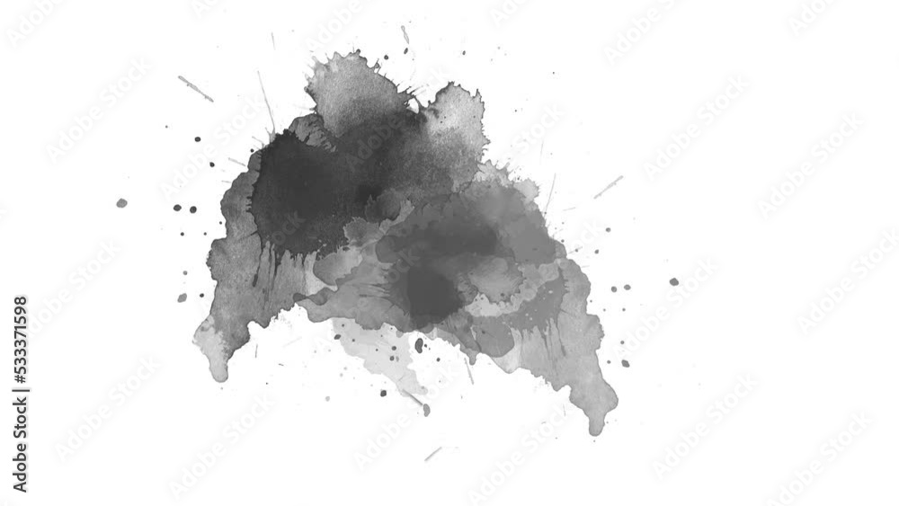 Ink brush stroke transition. Ink splash. Abstract ink brush blot, splat, fluid art, overlay, alpha matte composition, spreading brush stroke. ink transition splatter composting animation.