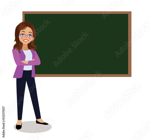 cute teacher teaching in front of classroom lesson board