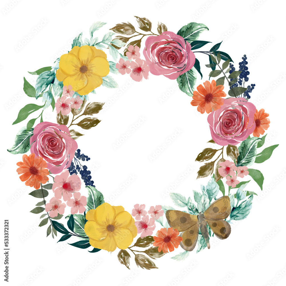Hand painting watercolor illustration wreath round circle seasonal fall autumn leaves foliage blooming element Hand painting watercolor illustration wreath round circle seasonal fall autumn leaves foliage blooming element
