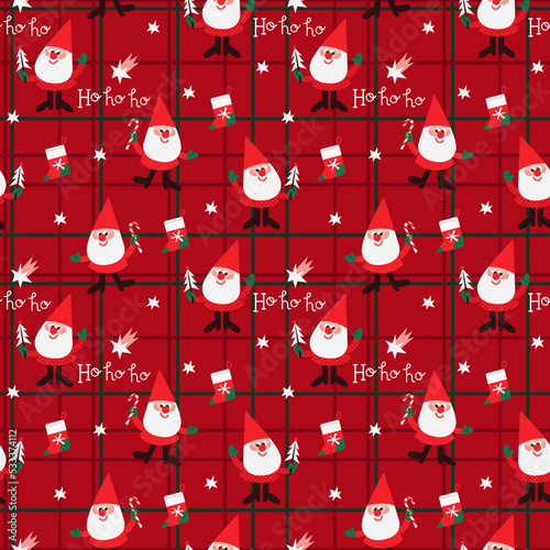 New Year vector pattern with Santa, stars, socks, christmas tree and ho-ho-ho. Winter festive background for print, wrapping paper, textile, etc. Cute Christmas seamless pattern with gnome in red hat.