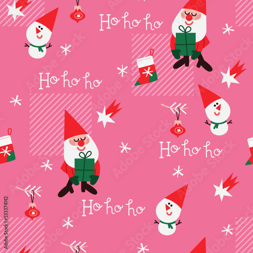 New Year vector pattern with Santa. snowmen, snowflakes, socks, christmas tree balls. Winter festive background for print, wrapping paper, textile, etc. Cute Christmas seamless pattern.
