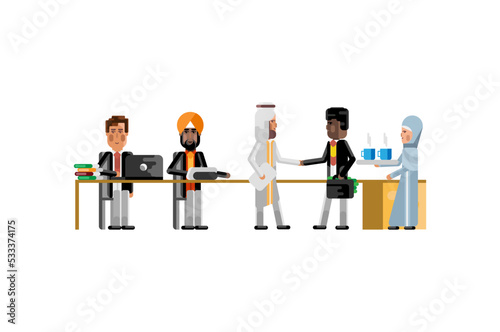 Business meeting arabic and african businessmen in conference room, secretary in hijab with coffee cups. Corporate multiethnic business people vector illustration.