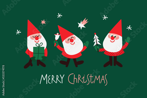 Set of vector Santas with bell, present box and Christmas tree. 
New Year card with three gnomes in red hats. Handwritten lettering Merry Christmas. Christmas greeting postcard in red and green colors