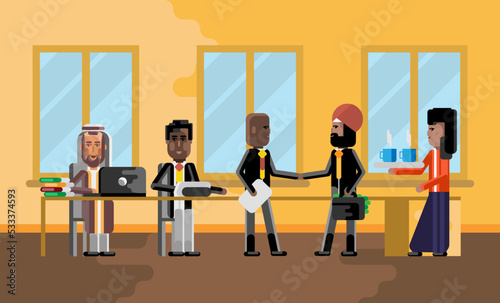 Business meeting indian and african businessmen in conference room, secretary with coffee cups. Corporate multiethnic business people vector illustration.