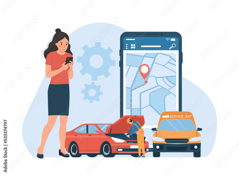 Roadside assistance service concept. Woman called auto mechanic from roadside assistance. Vector illustration.