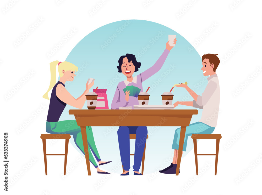 Friends having a snack together and playing cards, vector illustration isolated.