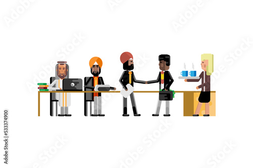 Business meeting african and indian businessmen in conference room, blonde secretary with coffee cups. Corporate multiethnic business people vector illustration.