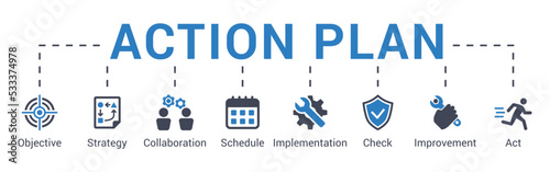 Business action plan concept vector illustration with keywords and icons