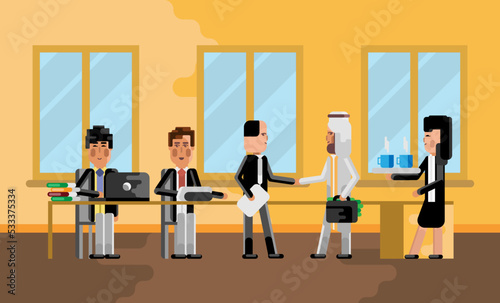 Business meeting asian businessman with arabic investor, secretary with coffee cups. Corporate multiethnic business people isolated vector illustration.