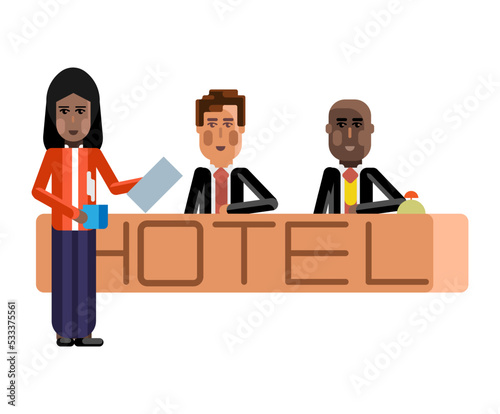 European and african receptionists at hotel reception desk and indian secretary with coffee cup. Corporate multicultural business people vector illustration.