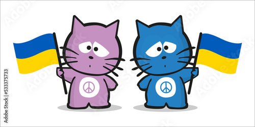 Two sad kitten characters waving ukrainian flags. Vector illustration on white background