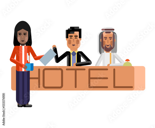 Arabic and asian receptionists at hotel reception desk, indian secretary with document and coffee cup. Corporate multicultural business people vector illustration.
