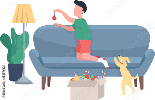 Child decorating living room for xmas semi flat color raster character. Full body people on white. Wintertime activity isolated modern cartoon style illustration for graphic design and animation