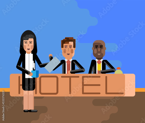 European and african receptionists at hotel reception desk and asian secretary with coffee cup. Corporate multicultural business people vector illustration.