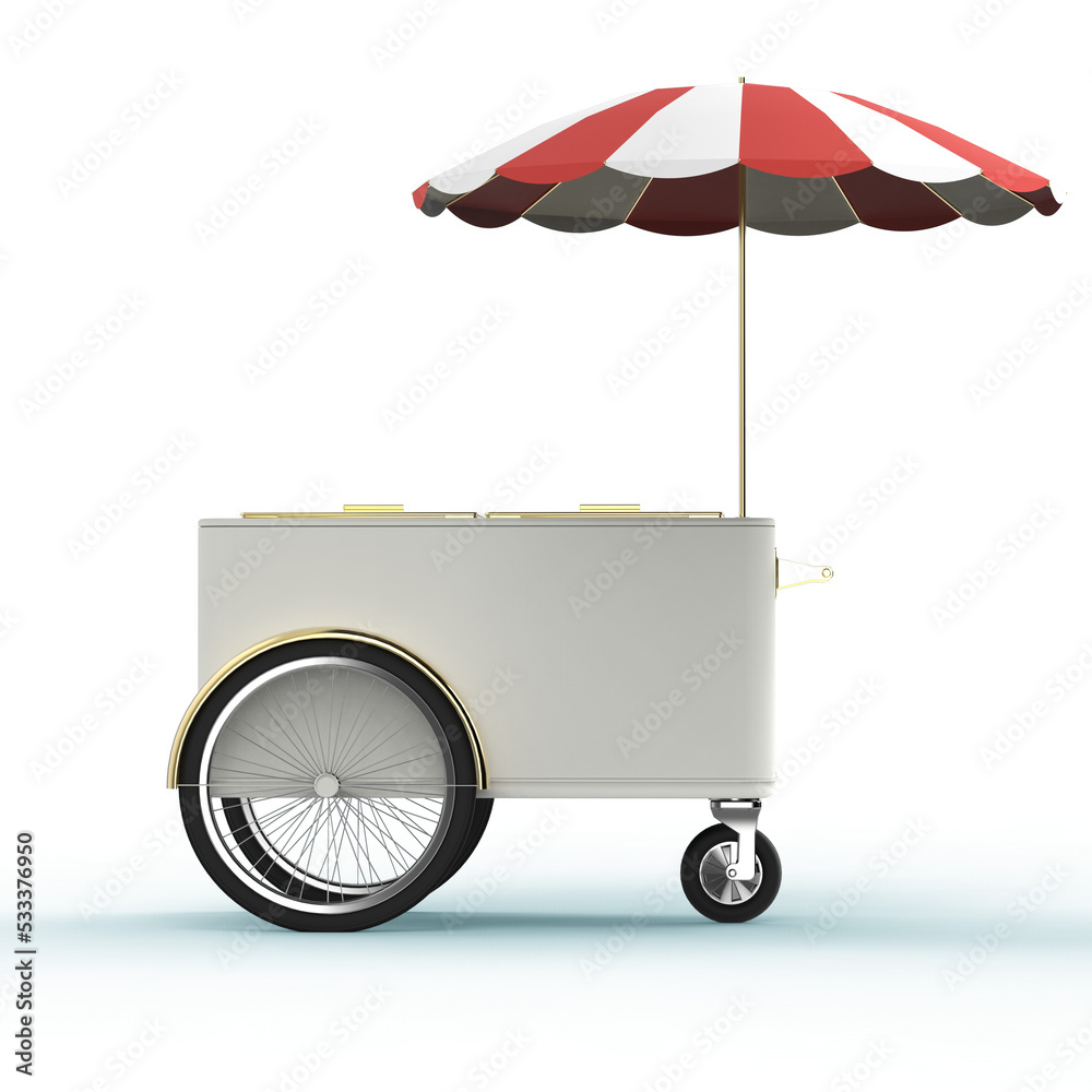 Promotion counter on wheels with umbrella, food, ice cream, hot dog push cart Retail Trade Stand Isolated on transparent background 3d render