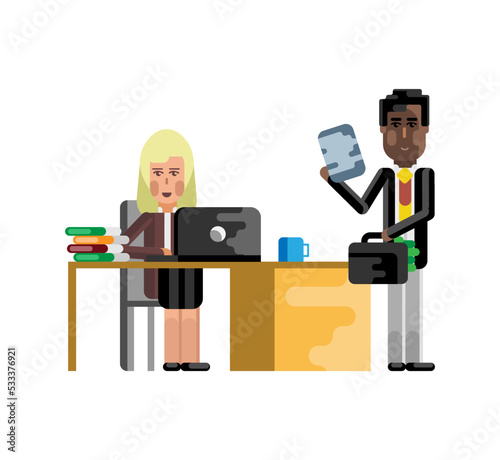 Business meeting african businessman with blonde businesswoman in office. Corporate multicultural business people isolated vector illustration.