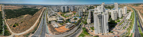 Beautiful composed aerial drone panorama of northern Rehovot city- Israel