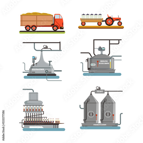 Beer factory production line. Brewery industrial equipment set cartoon vector illustration