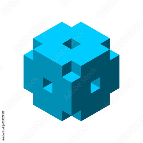 Blue 3D cube made of cross shape elements. Isometric projection of block shape. Hexagonal box object. Architectural building feature. Retro design. Construction industry. Vector illustration, clip art