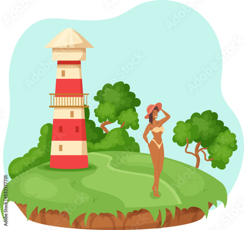 Beautiful young woman in swimsuit standing on green lawn on island. Natural landscape with lighthouse. Pretty woman relaxing on vacation. Summer holidays, fashion model posing on nature