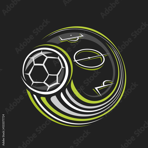 Vector logo for Football Sport, isolated modern emblem with illustration of flying soccer ball over football field, decorative line art sports badge for soccer club on dark background