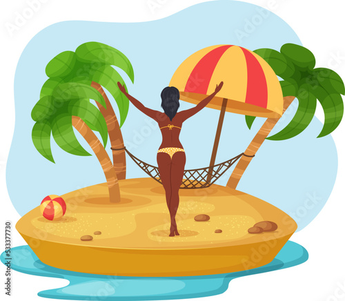 Tanned girl in swimwear sunbathing on tropical beach. Attractive woman relaxing on summer vacation. Natural landscape with sandy beach, palm trees, hammock and umbrella
