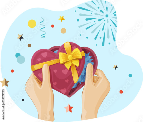 Human hands holding heart shaped red gift box. View from above of hands opening present box. Gift of love, Happy Valentine
