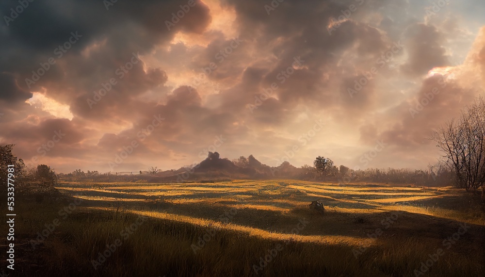 Obraz premium cloudy sunset in the field