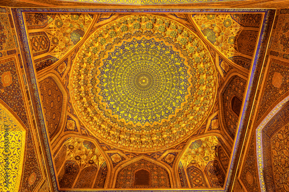 The dome of the mosque in the Tillya-Kari Madrasah on Registan Square, Samarkand, Uzbekistan