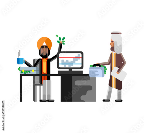 Business meeting indian businessman with arabic investor in office. Corporate multicultural business people vector illustration.