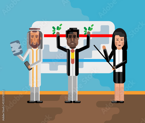 Multiethnic team doing presentation near whiteboard with financial diagram in conference room. Corporate multicultural business people vector illustration.