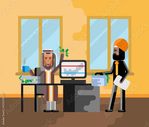 Business meeting arabic businessman with indian investor in office. Corporate multicultural business people vector illustration.