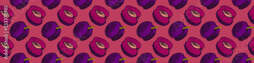 Vector Prune pattern seamless for vegan banner, diary backdrop. Hand drawn plum background. Wallpaper for baby food packaging, juice label design. Violet French plum pattern for organic jam package.