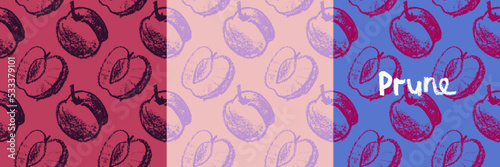 Vector Prune pattern seamless for vegan banner, diary backdrop. Hand drawn plum background. Wallpaper for baby food packaging, juice label design. Violet French plum pattern for organic jam package.