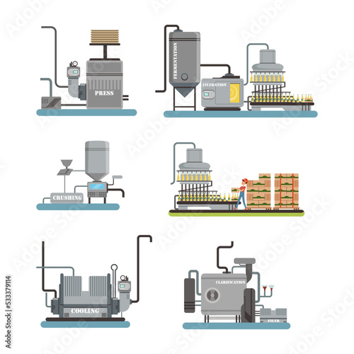 Beer factory production line. Beer production industrial equipment set cartoon vector illustration