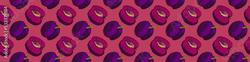 Vector Prune pattern seamless for vegan banner, diary backdrop. Hand drawn plum background. Wallpaper for baby food packaging, juice label design. Violet French plum pattern for organic jam package.