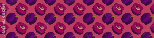 Vector Prune pattern seamless for vegan banner, diary backdrop. Hand drawn plum background. Wallpaper for baby food packaging, juice label design. Violet French plum pattern for organic jam package.
