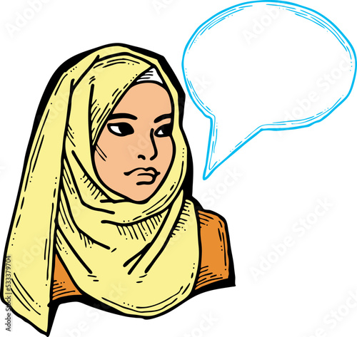 Young Arab woman with beautiful face tell message. Wear traditional fashion niqab head wear. Hand drawn comic cartoon style illustration. Line art vector drawing.