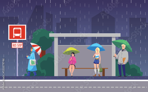 Bus stop in rainy autumn day with people holding umbrellas vector illustration.