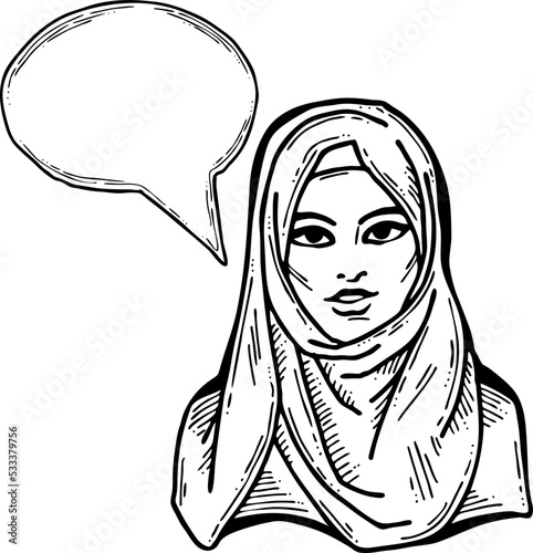 Young Arab woman with beautiful face tell message. Wear traditional fashion niqab head wear. Hand drawn comic cartoon style illustration. Line art vector drawing.