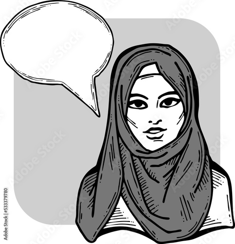 Young Arab woman with beautiful face tell message. Wear traditional fashion niqab head wear. Hand drawn comic cartoon style illustration. Line art vector drawing.