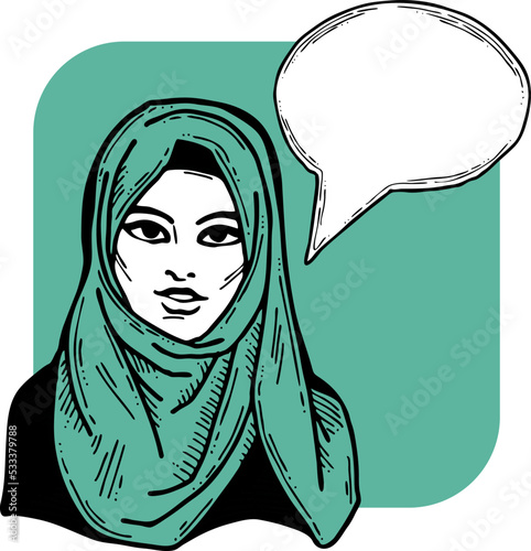 Young Arab woman with beautiful face tell message. Wear traditional fashion niqab head wear. Hand drawn comic cartoon style illustration. Line art vector drawing.