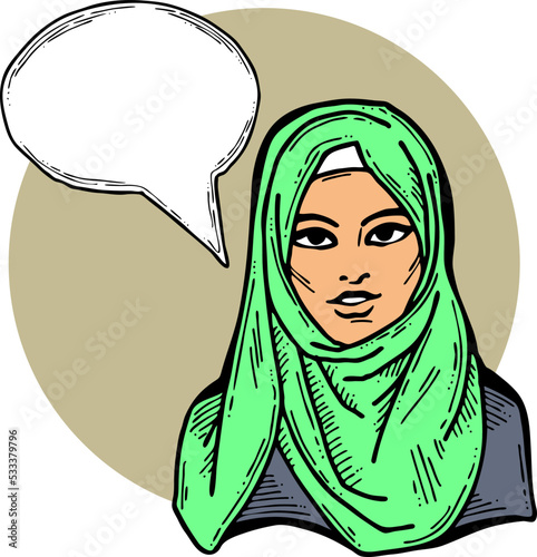 Young Arab woman with beautiful face tell message. Wear traditional fashion niqab head wear. Hand drawn comic cartoon style illustration. Line art vector drawing.